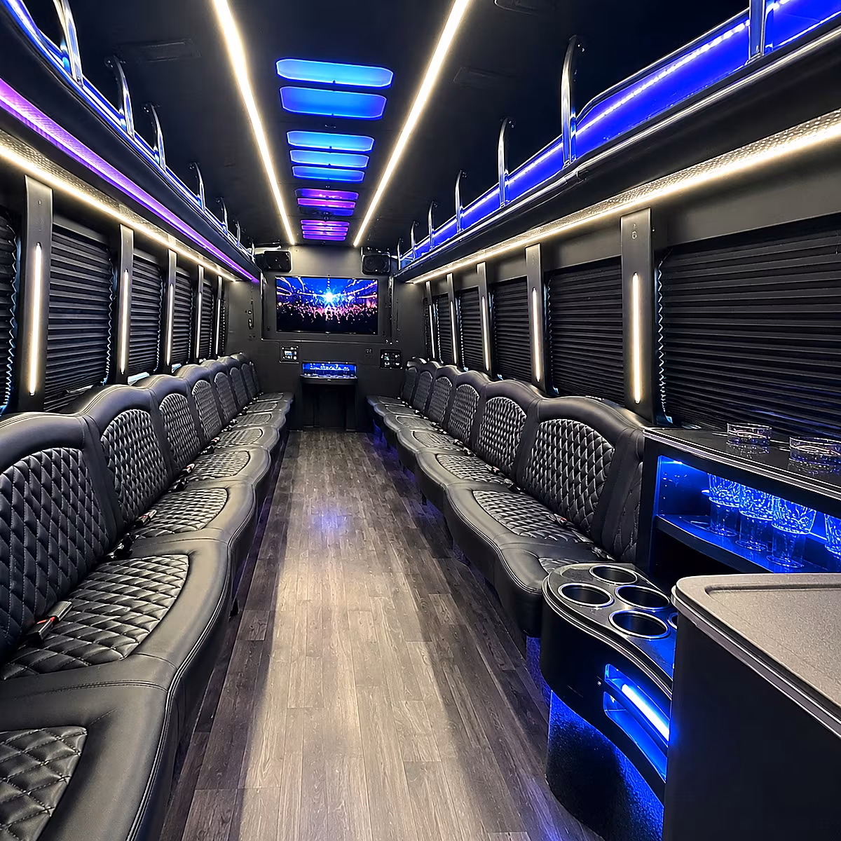 Passenger seating aboard a party bus rental serving Inglewood