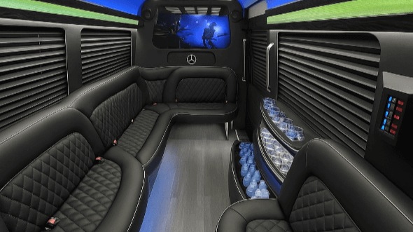 Interior of Charter Bus Company Long Beach's 14 Passenger Sprinter Limousine in Long Beach